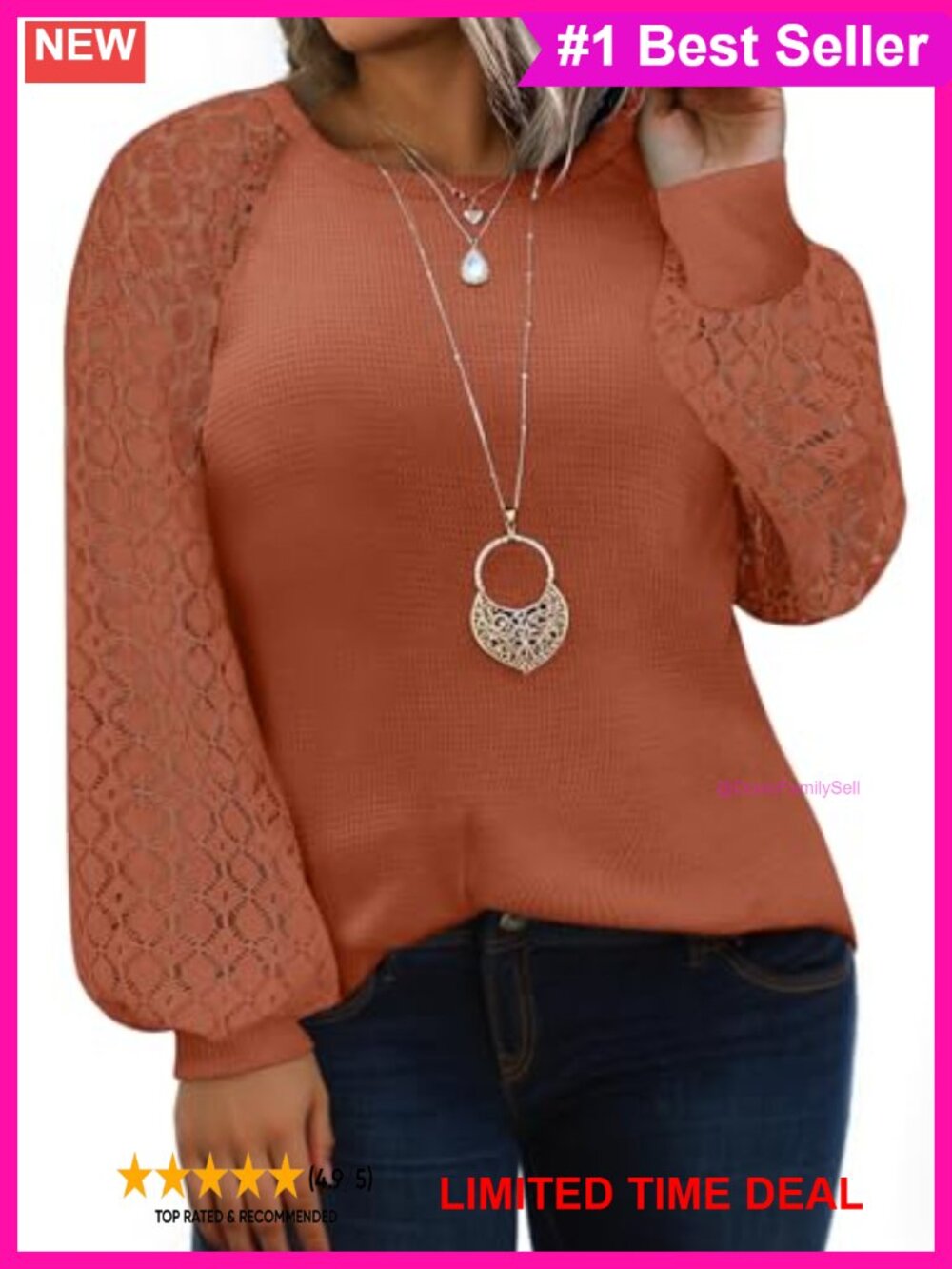 Plus Size Waffle Knit Lace Long Sleeve Blouse Crew Neck Pullover Top